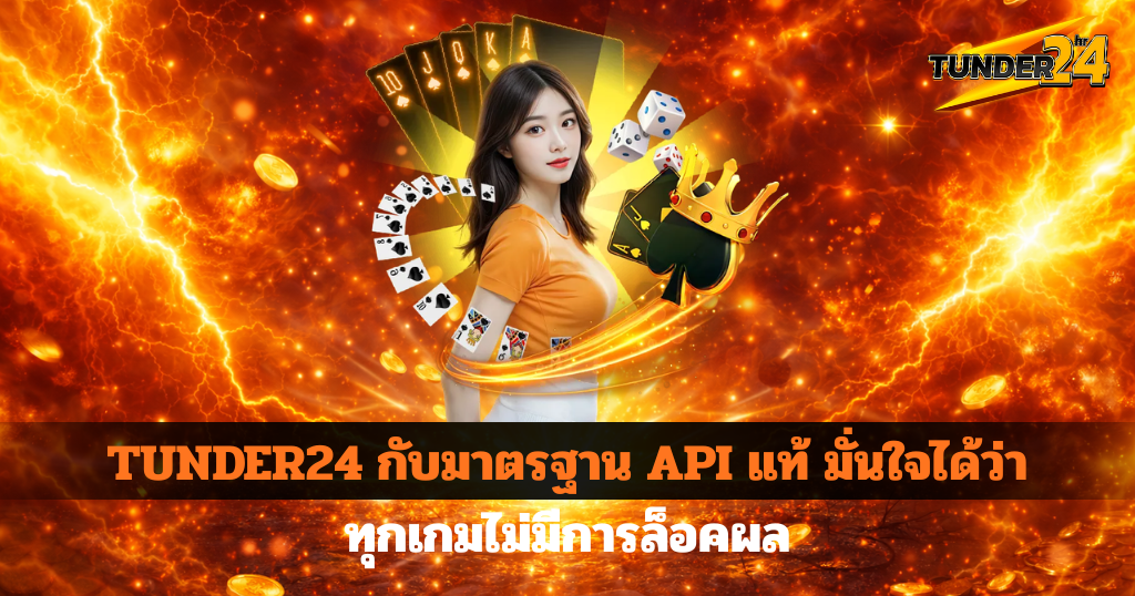 โฆษณาโปรโมท TUNDER24 โทนสีส้มไฟลุกมียืนกลางประสิทธิภาพสูงพร้อมข้อความมาตรฐาน API แท้ของเว็บโฮสติ้ง